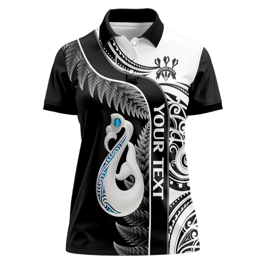 Personalised New Zealand Darts Women Polo Shirt Aotearoa Fern Mix Paua Shell Manaia - Black