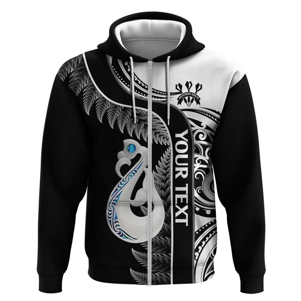 Personalised New Zealand Darts Zip Hoodie Aotearoa Fern Mix Paua Shell Manaia - Black