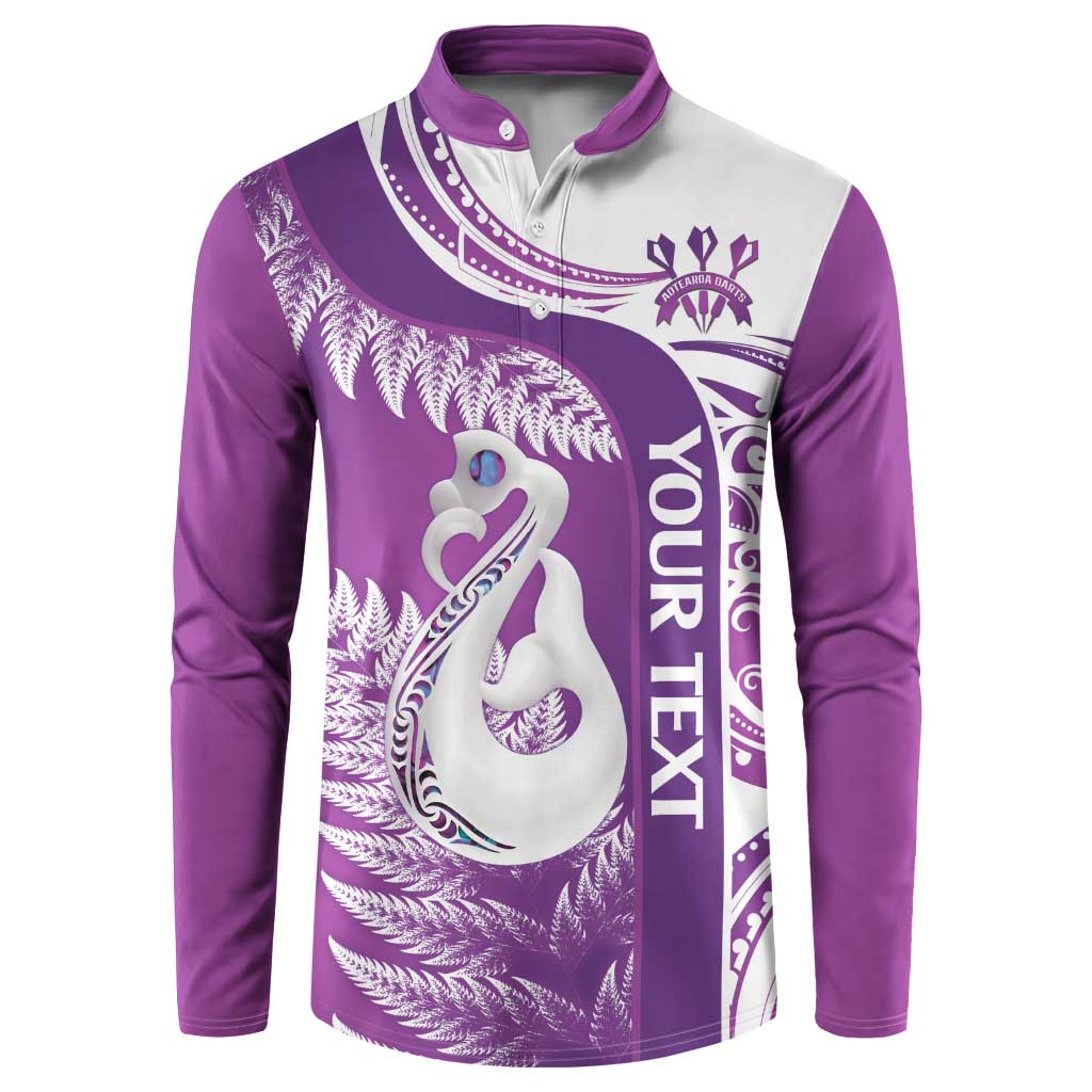 Personalised New Zealand Darts Button Sweatshirt Aotearoa Fern Mix Paua Shell Manaia - Purple LT14 Purple - Polynesian Pride