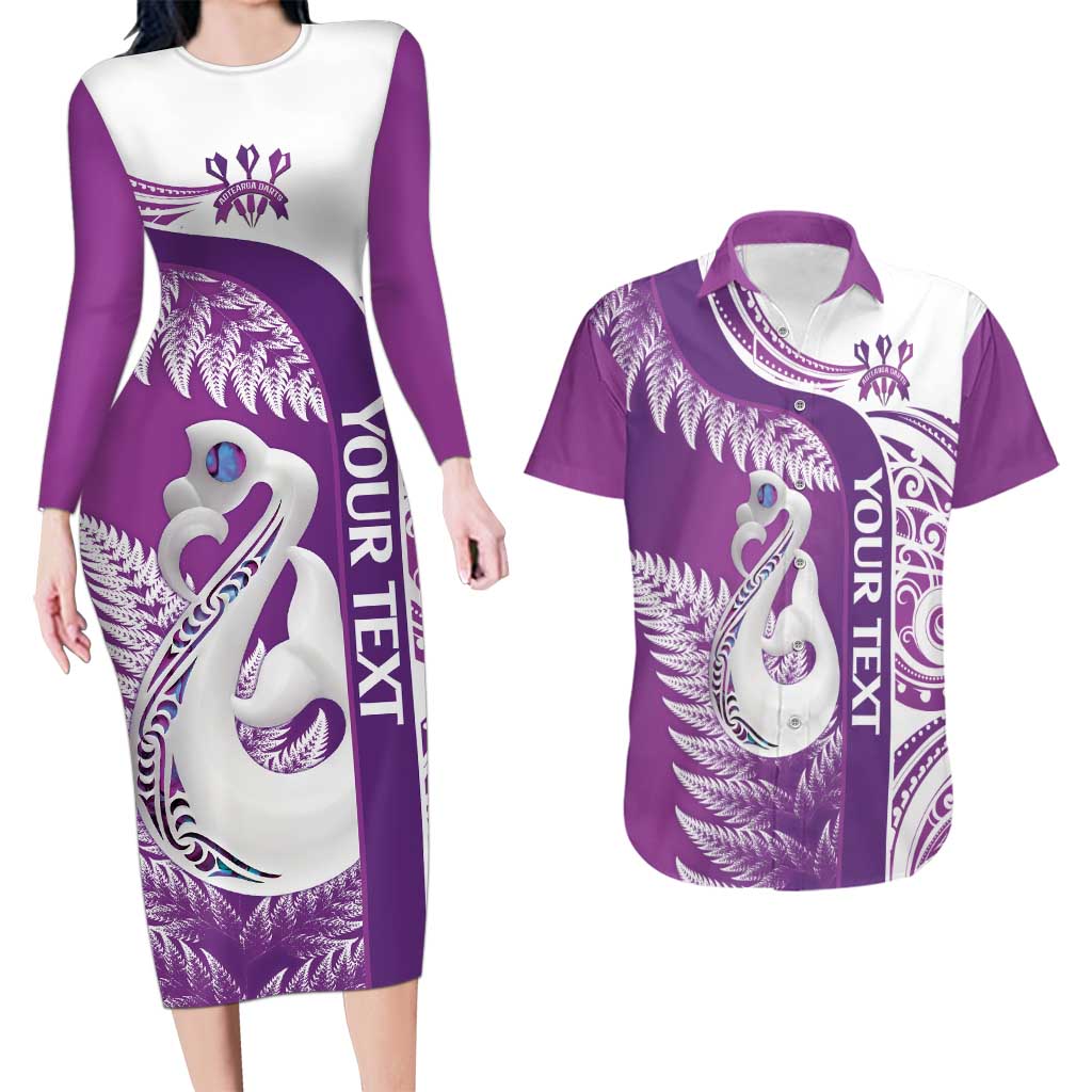Personalised New Zealand Darts Couples Matching Long Sleeve Bodycon Dress and Hawaiian Shirt Aotearoa Fern Mix Paua Shell Manaia - Purple LT14 Purple - Polynesian Pride