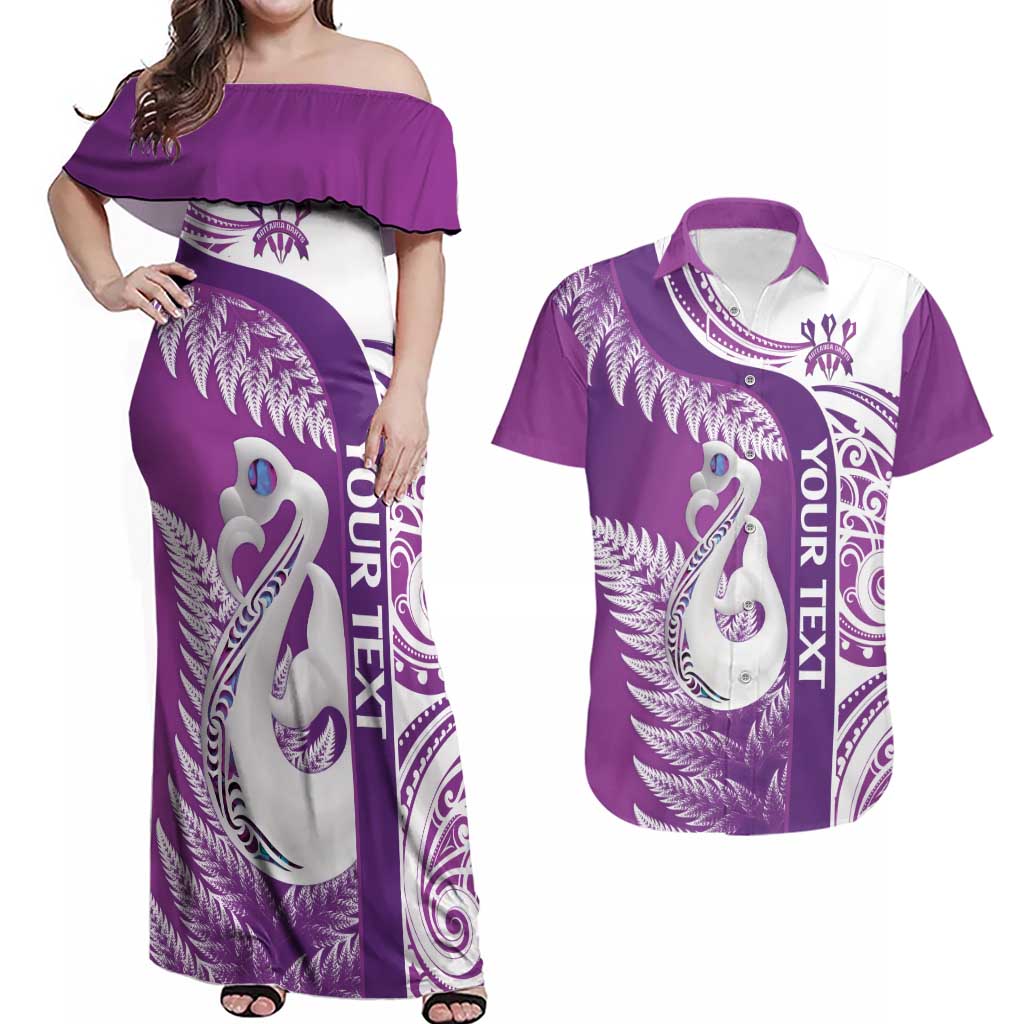 Personalised New Zealand Darts Couples Matching Off Shoulder Maxi Dress and Hawaiian Shirt Aotearoa Fern Mix Paua Shell Manaia - Purple