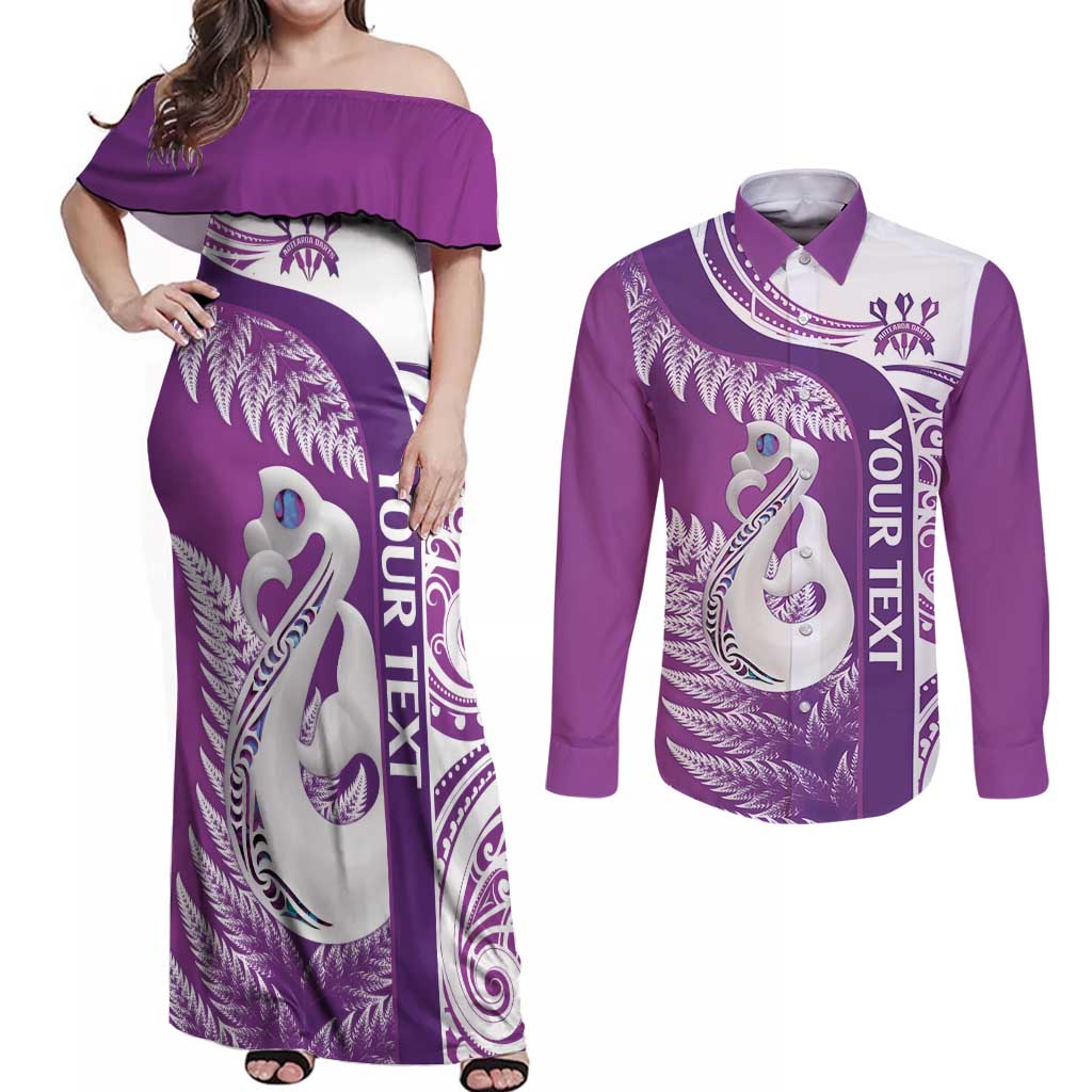 Personalised New Zealand Darts Couples Matching Off Shoulder Maxi Dress and Long Sleeve Button Shirt Aotearoa Fern Mix Paua Shell Manaia - Purple