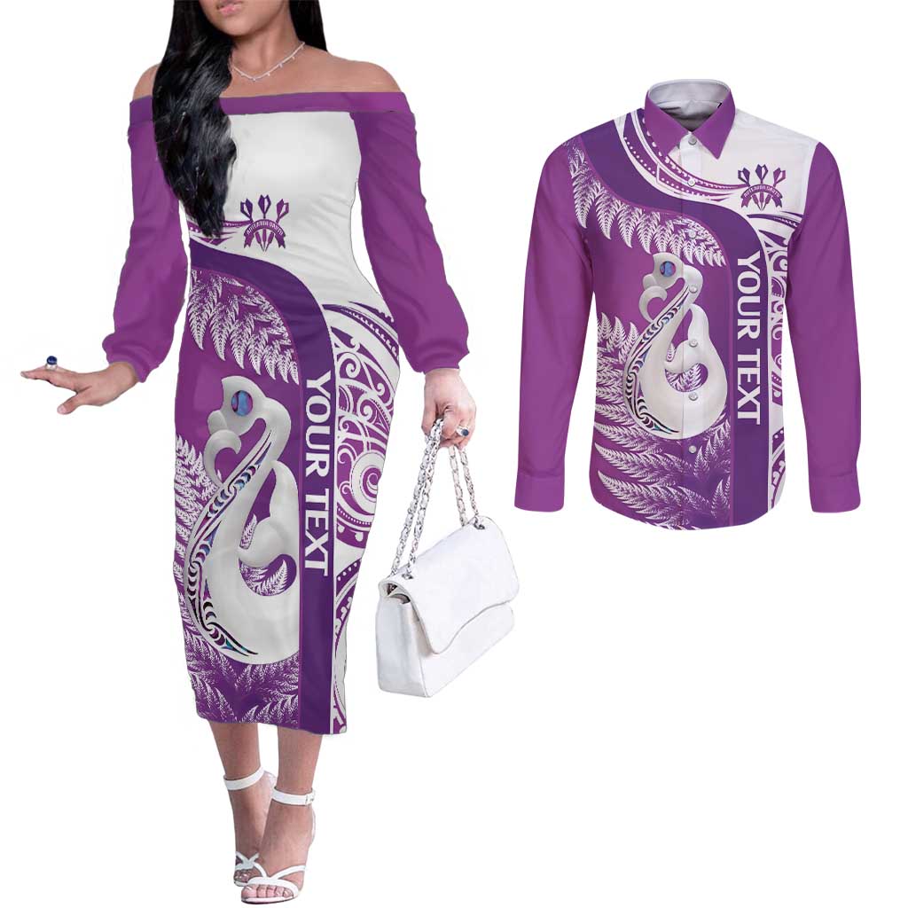 Personalised New Zealand Darts Couples Matching Off The Shoulder Long Sleeve Dress and Long Sleeve Button Shirt Aotearoa Fern Mix Paua Shell Manaia - Purple