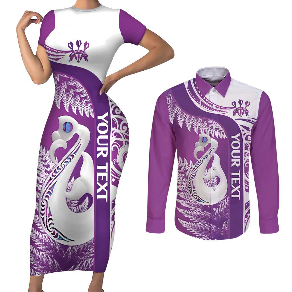 Personalised New Zealand Darts Couples Matching Short Sleeve Bodycon Dress and Long Sleeve Button Shirt Aotearoa Fern Mix Paua Shell Manaia - Purple