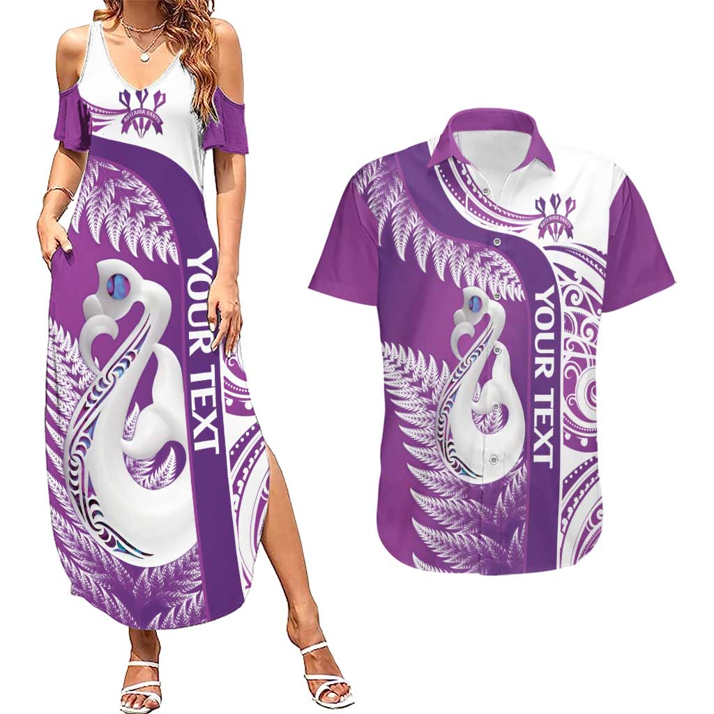 Personalised New Zealand Darts Couples Matching Summer Maxi Dress and Hawaiian Shirt Aotearoa Fern Mix Paua Shell Manaia - Purple