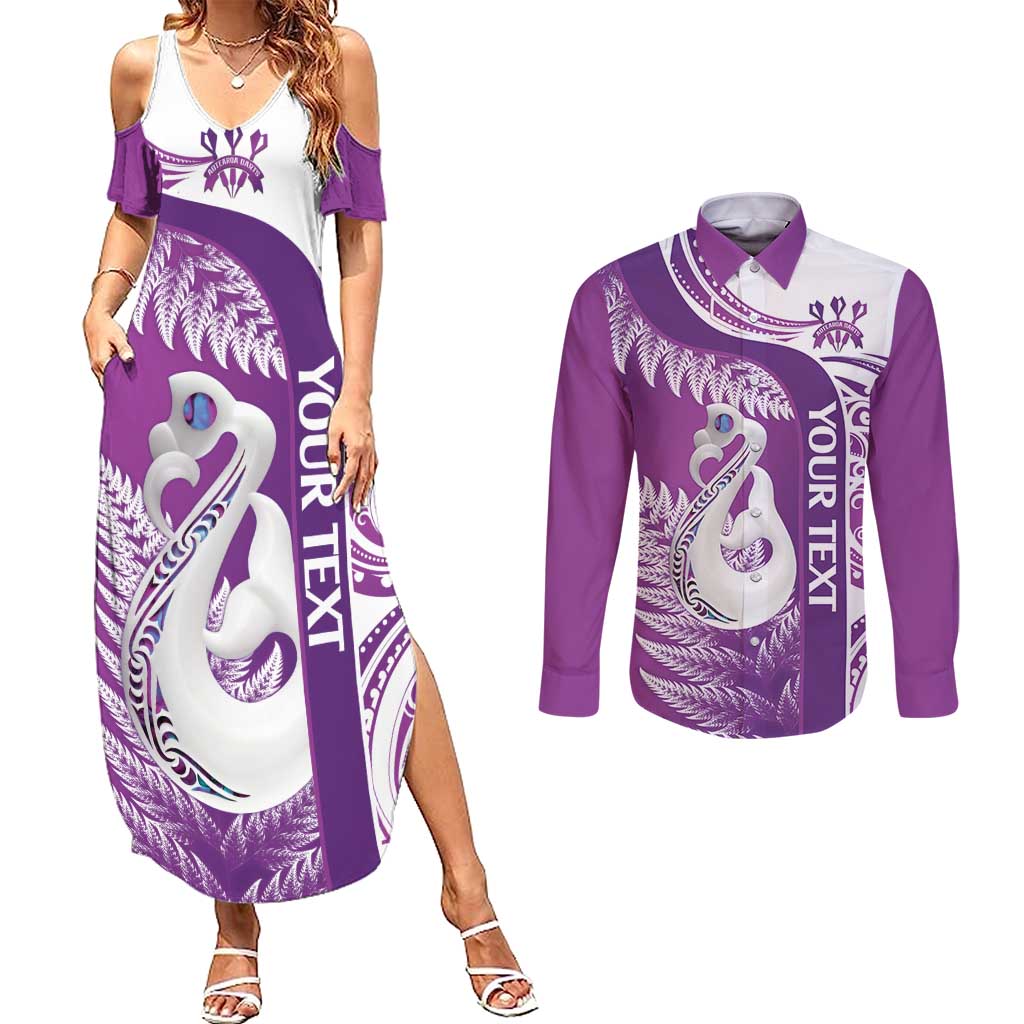 Personalised New Zealand Darts Couples Matching Summer Maxi Dress and Long Sleeve Button Shirt Aotearoa Fern Mix Paua Shell Manaia - Purple