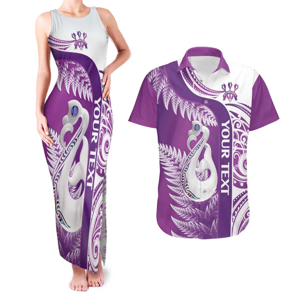 Personalised New Zealand Darts Couples Matching Tank Maxi Dress and Hawaiian Shirt Aotearoa Fern Mix Paua Shell Manaia - Purple