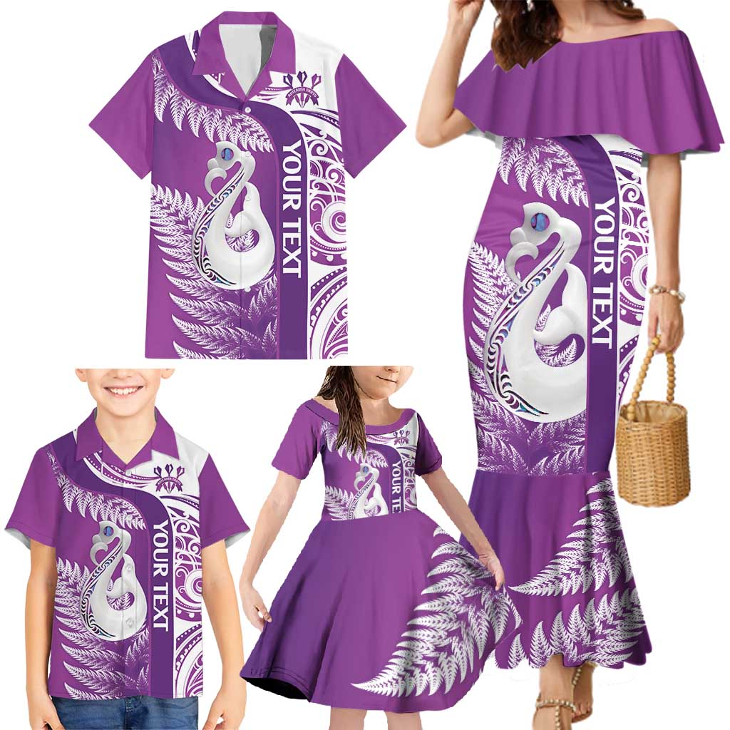 Personalised New Zealand Darts Family Matching Mermaid Dress and Hawaiian Shirt Aotearoa Fern Mix Paua Shell Manaia - Purple