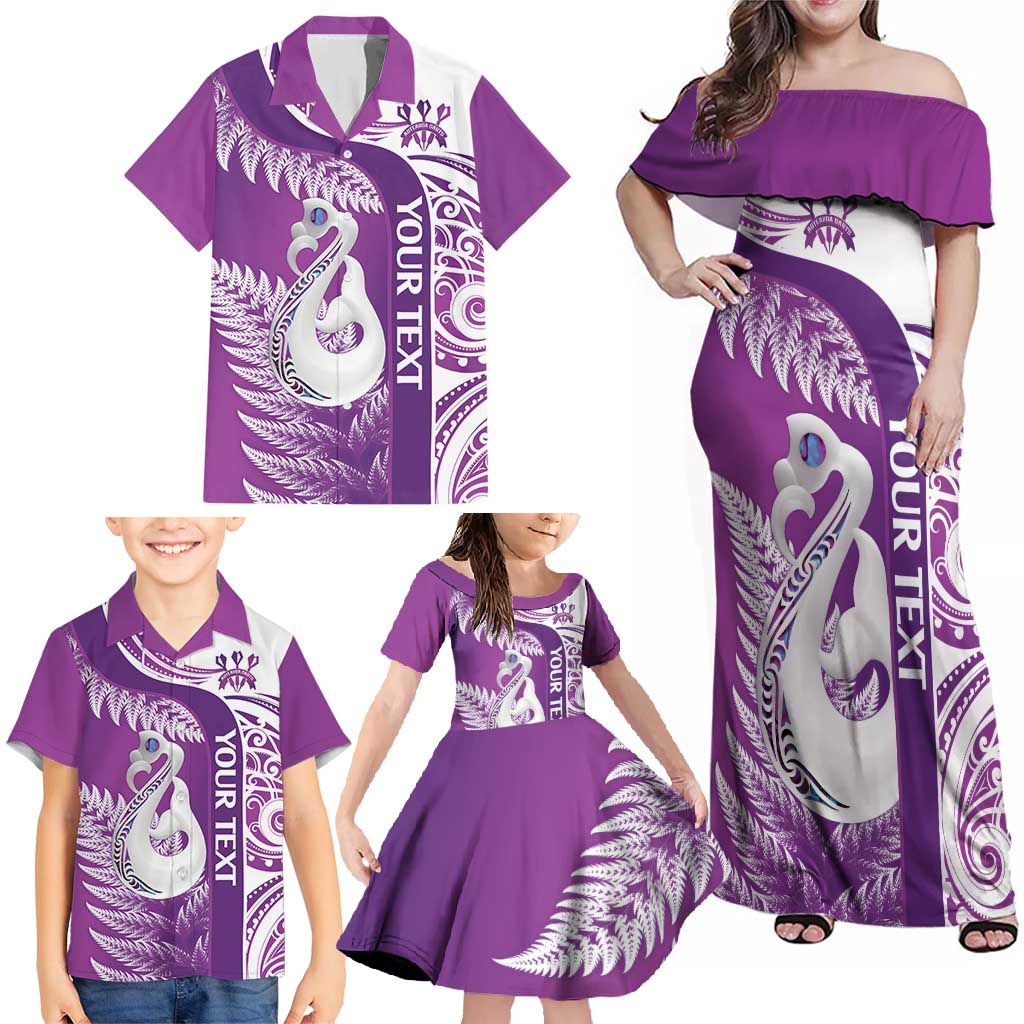 Personalised New Zealand Darts Family Matching Off Shoulder Maxi Dress and Hawaiian Shirt Aotearoa Fern Mix Paua Shell Manaia - Purple