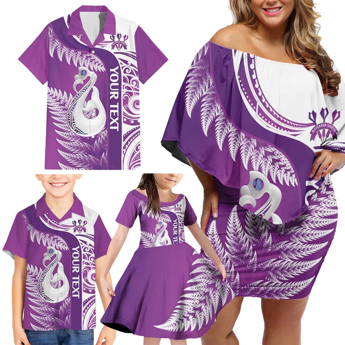 Personalised New Zealand Darts Family Matching Off Shoulder Short Dress and Hawaiian Shirt Aotearoa Fern Mix Paua Shell Manaia - Purple