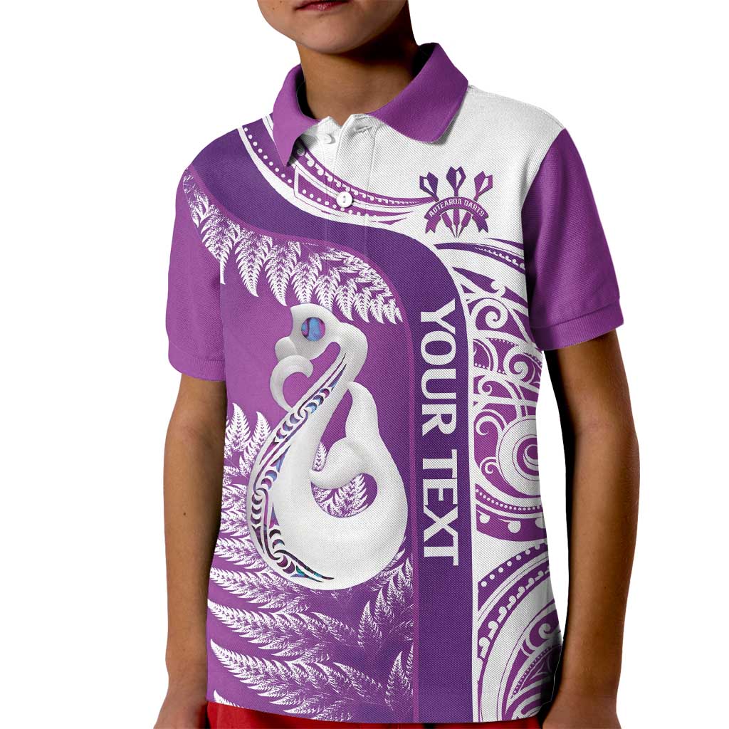 Personalised New Zealand Darts Kid Polo Shirt Aotearoa Fern Mix Paua Shell Manaia - Purple