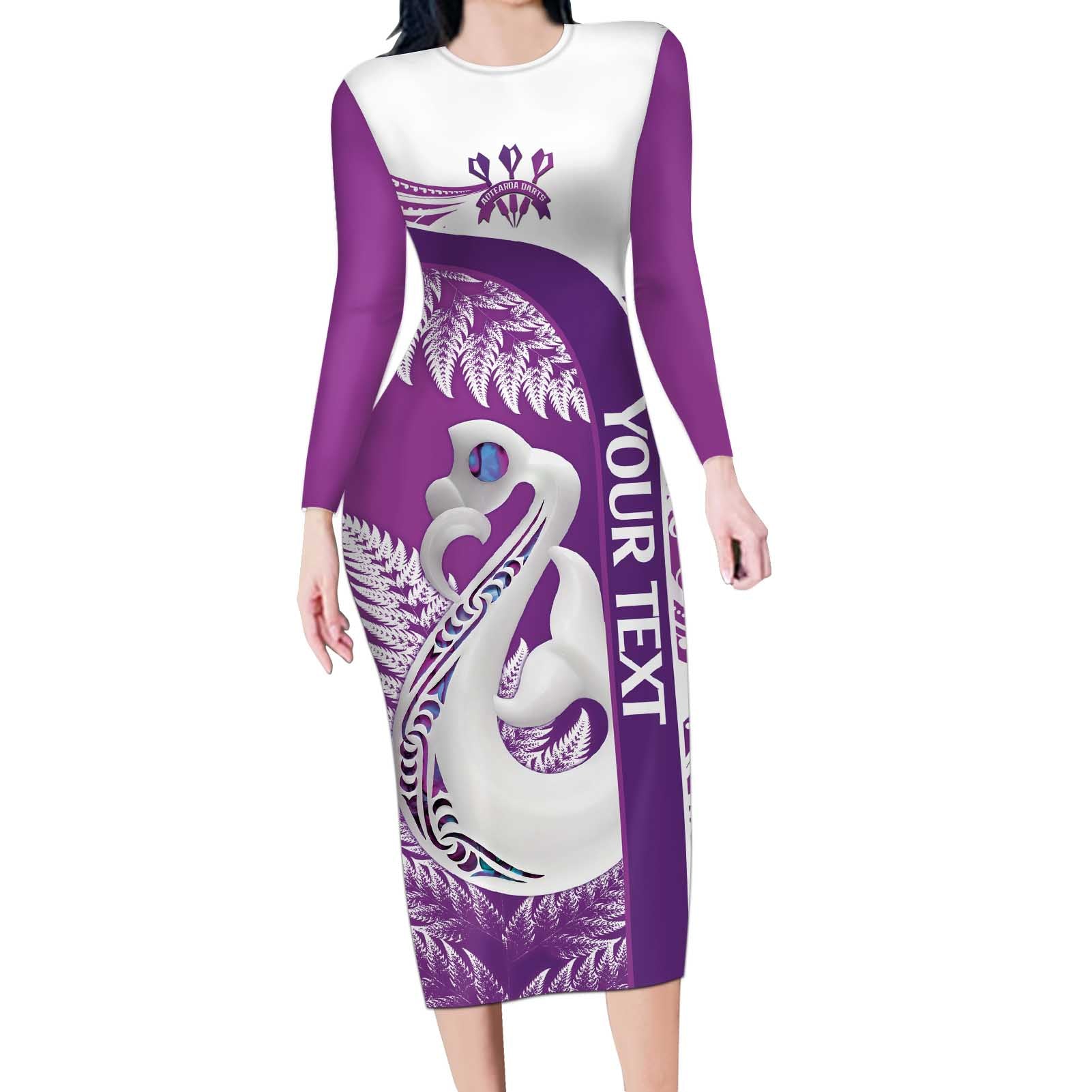 Personalised New Zealand Darts Long Sleeve Bodycon Dress Aotearoa Fern Mix Paua Shell Manaia - Purple