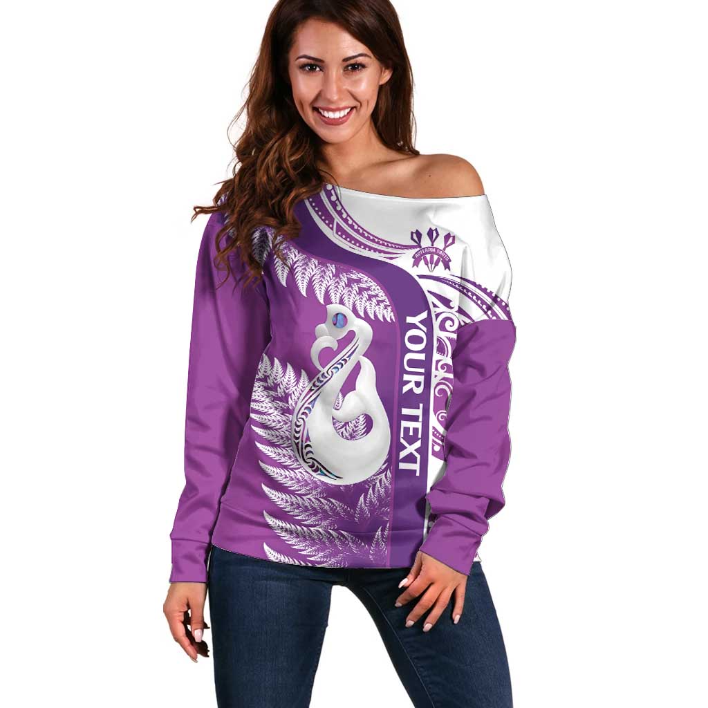 Personalised New Zealand Darts Off Shoulder Sweater Aotearoa Fern Mix Paua Shell Manaia - Purple