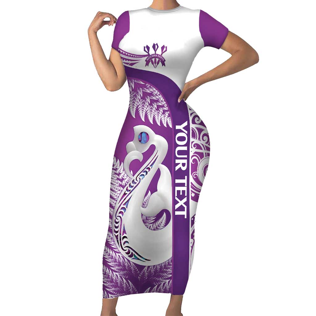 Personalised New Zealand Darts Short Sleeve Bodycon Dress Aotearoa Fern Mix Paua Shell Manaia - Purple