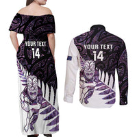 New Zealand Silver Fern Rugby Custom Couples Matching Off Shoulder Maxi Dress and Long Sleeve Button Shirt Go All Black Purple Maori Paua Shell - Polynesian Pride