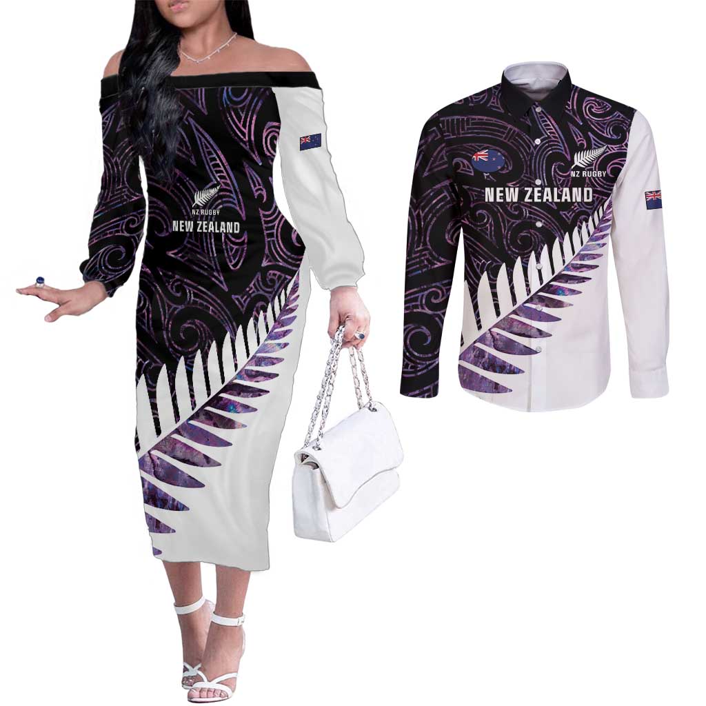 New Zealand Silver Fern Rugby Custom Couples Matching Off The Shoulder Long Sleeve Dress and Long Sleeve Button Shirt Go All Black Purple Maori Paua Shell - Polynesian Pride