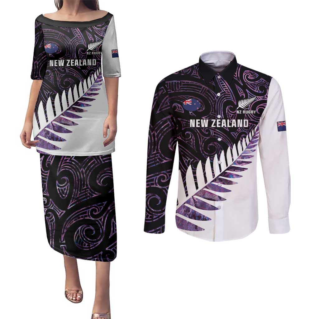 New Zealand Silver Fern Rugby Custom Couples Matching Puletasi and Long Sleeve Button Shirt Go All Black Purple Maori Paua Shell - Polynesian Pride
