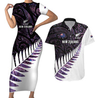New Zealand Silver Fern Rugby Custom Couples Matching Short Sleeve Bodycon Dress and Hawaiian Shirt Go All Black Purple Maori Paua Shell - Polynesian Pride