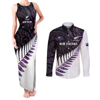 New Zealand Silver Fern Rugby Custom Couples Matching Tank Maxi Dress and Long Sleeve Button Shirt Go All Black Purple Maori Paua Shell - Polynesian Pride