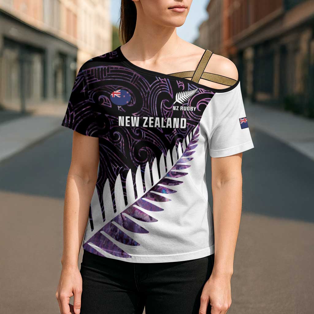 New Zealand Silver Fern Rugby Custom Cross Shoulder Shirt Go All Black Purple Maori Paua Shell - Polynesian Pride