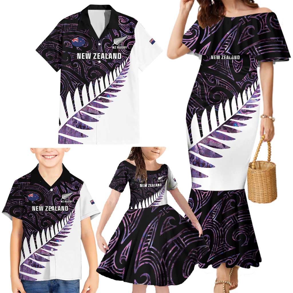 New Zealand Silver Fern Rugby Custom Family Matching Mermaid Dress and Hawaiian Shirt Go All Black Purple Maori Paua Shell - Polynesian Pride
