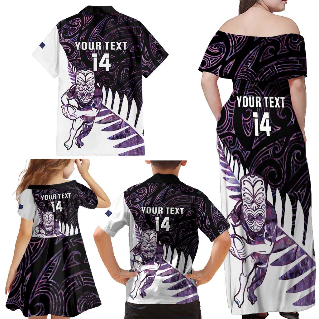 New Zealand Silver Fern Rugby Custom Family Matching Off Shoulder Maxi Dress and Hawaiian Shirt Go All Black Purple Maori Paua Shell - Polynesian Pride