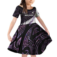 New Zealand Silver Fern Rugby Custom Family Matching Off Shoulder Short Dress and Hawaiian Shirt Go All Black Purple Maori Paua Shell - Polynesian Pride
