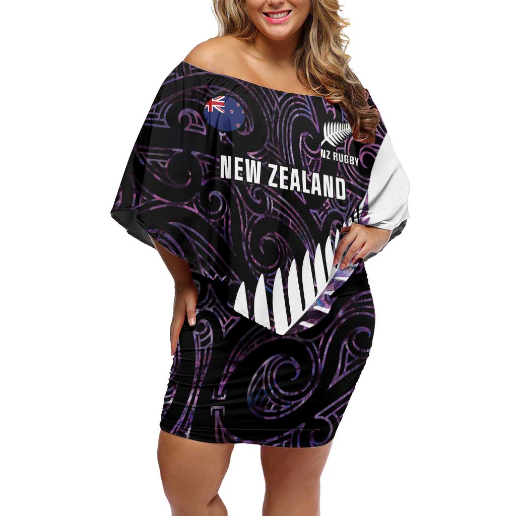 New Zealand Silver Fern Rugby Custom Family Matching Off Shoulder Short Dress and Hawaiian Shirt Go All Black Purple Maori Paua Shell - Polynesian Pride