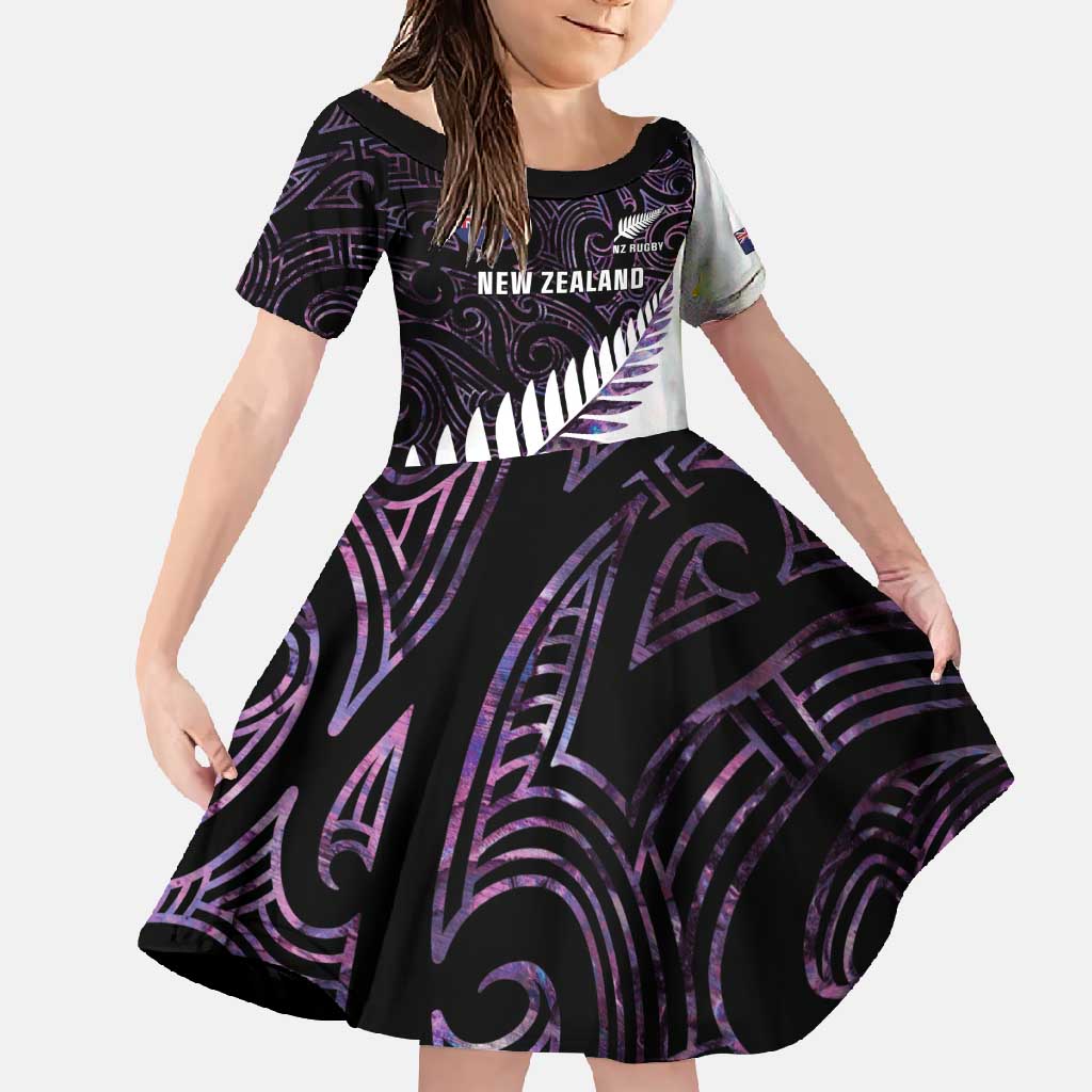New Zealand Silver Fern Rugby Custom Family Matching Short Sleeve Bodycon Dress and Hawaiian Shirt Go All Black Purple Maori Paua Shell - Polynesian Pride