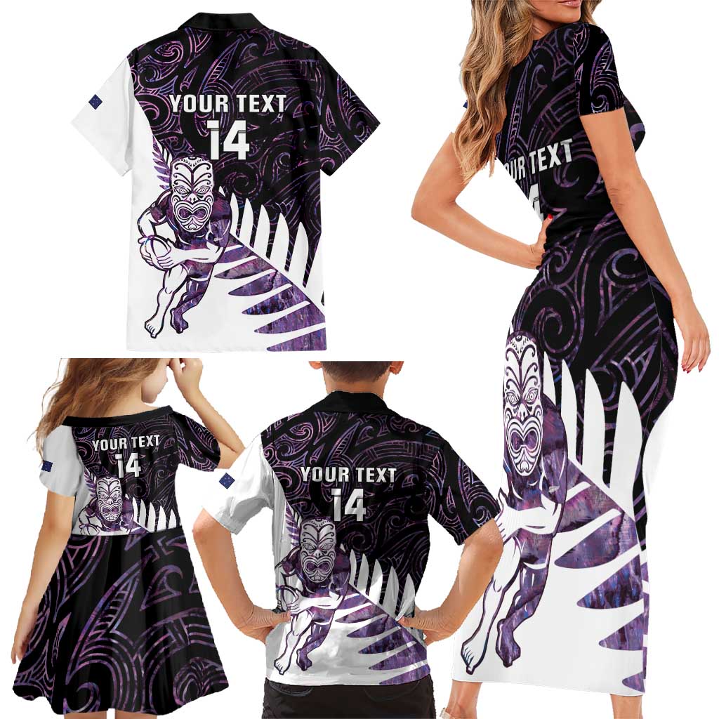 New Zealand Silver Fern Rugby Custom Family Matching Short Sleeve Bodycon Dress and Hawaiian Shirt Go All Black Purple Maori Paua Shell - Polynesian Pride