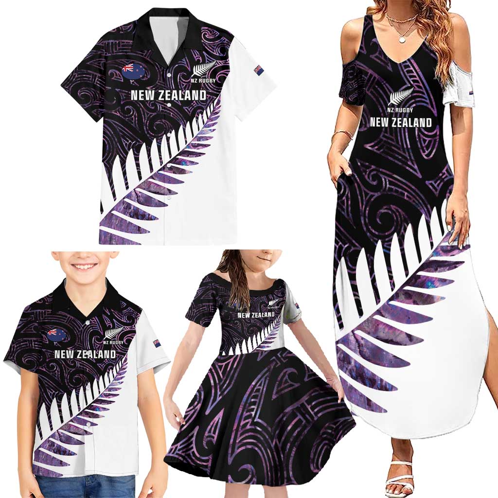 New Zealand Silver Fern Rugby Custom Family Matching Summer Maxi Dress and Hawaiian Shirt Go All Black Purple Maori Paua Shell - Polynesian Pride