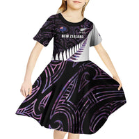 New Zealand Silver Fern Rugby Custom Kid Short Sleeve Dress Go All Black Purple Maori Paua Shell - Polynesian Pride