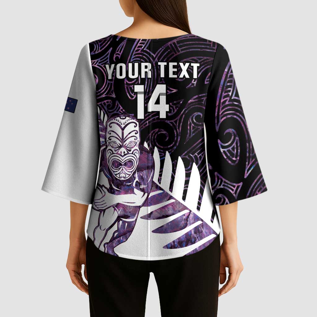 New Zealand Silver Fern Rugby Custom Kimono Sleeve Blouse Go All Black Purple Maori Paua Shell - Polynesian Pride