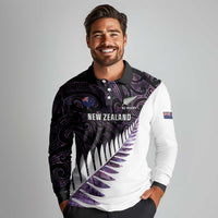 New Zealand Silver Fern Rugby Custom Long Sleeve Polo Shirt Go All Black Purple Maori Paua Shell - Polynesian Pride