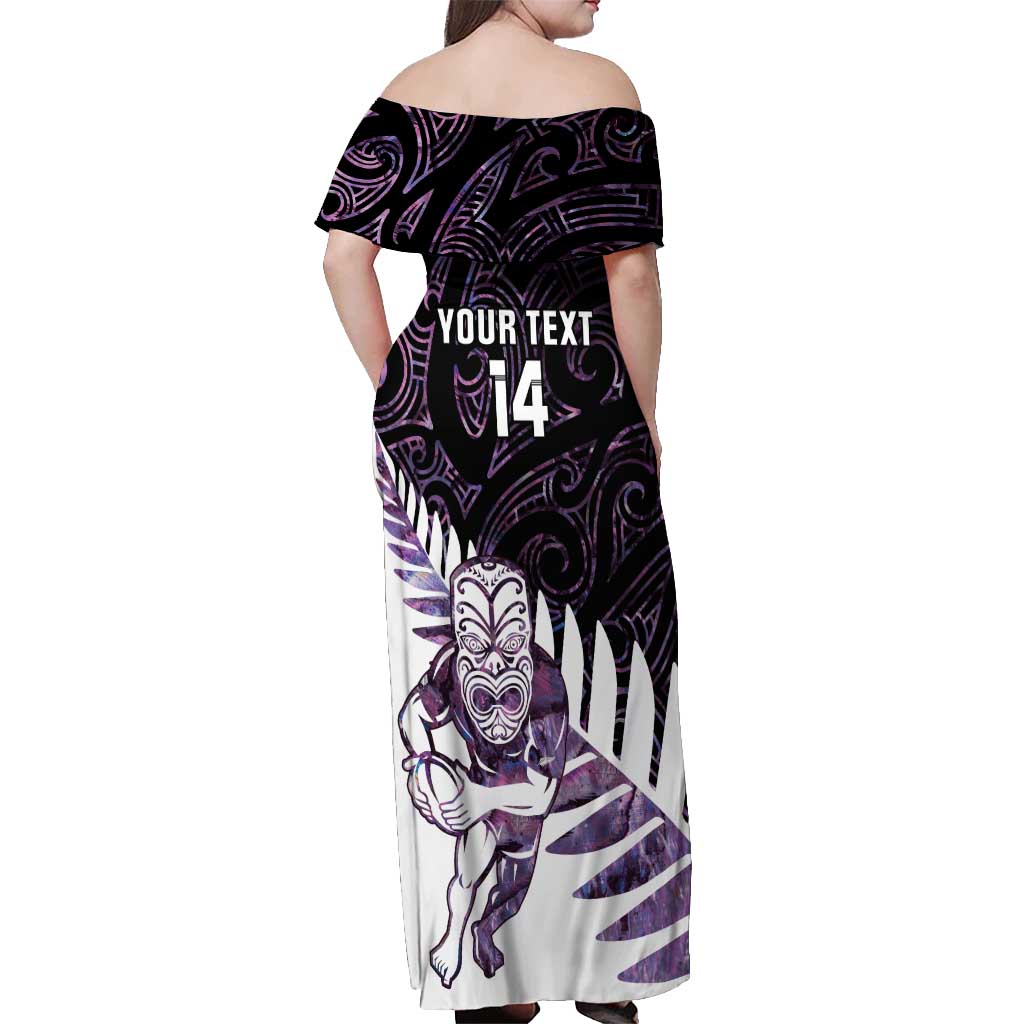 New Zealand Silver Fern Rugby Custom Off Shoulder Maxi Dress Go All Black Purple Maori Paua Shell - Polynesian Pride