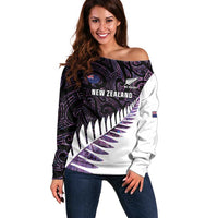 New Zealand Silver Fern Rugby Custom Off Shoulder Sweater Go All Black Purple Maori Paua Shell - Polynesian Pride