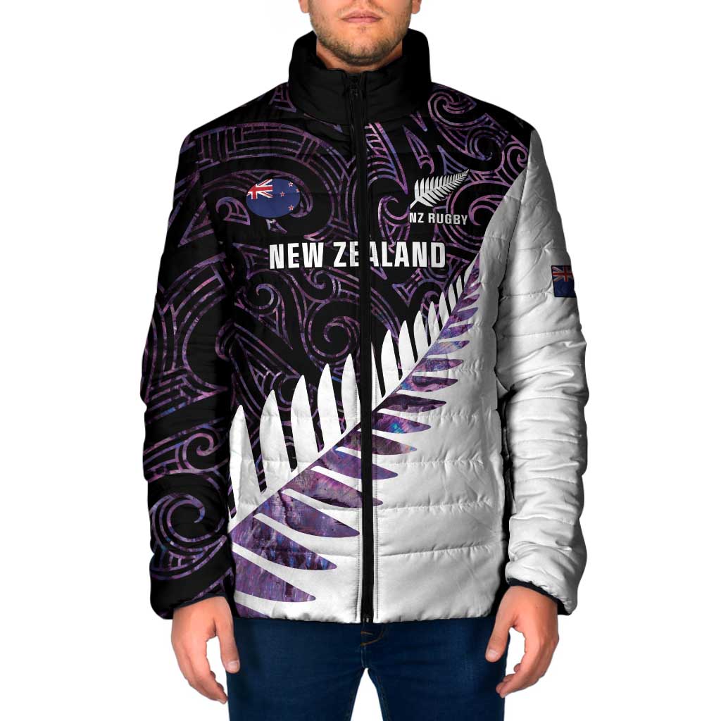 New Zealand Silver Fern Rugby Custom Padded Jacket Go All Black Purple Maori Paua Shell - Polynesian Pride