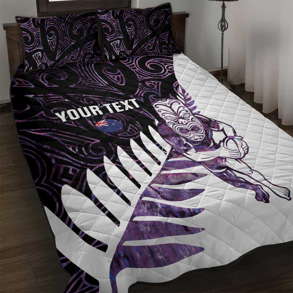 New Zealand Silver Fern Rugby Custom Quilt Bed Set Go All Black Purple Maori Paua Shell - Polynesian Pride
