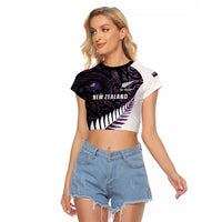 New Zealand Silver Fern Rugby Custom Raglan Cropped T Shirt Go All Black Purple Maori Paua Shell - Polynesian Pride