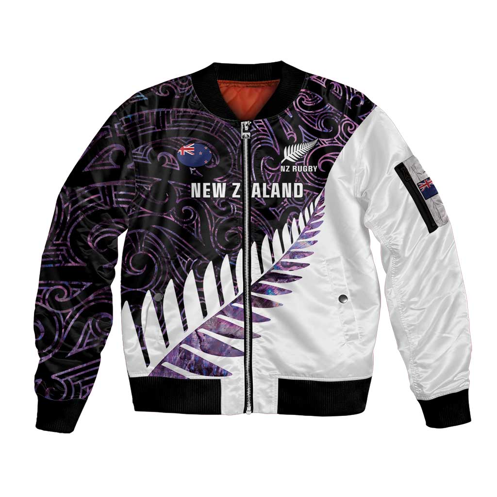 New Zealand Silver Fern Rugby Custom Sleeve Zip Bomber Jacket Go All Black Purple Maori Paua Shell - Polynesian Pride
