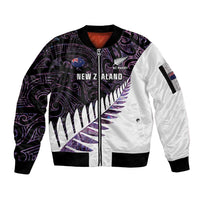 New Zealand Silver Fern Rugby Custom Sleeve Zip Bomber Jacket Go All Black Purple Maori Paua Shell - Polynesian Pride
