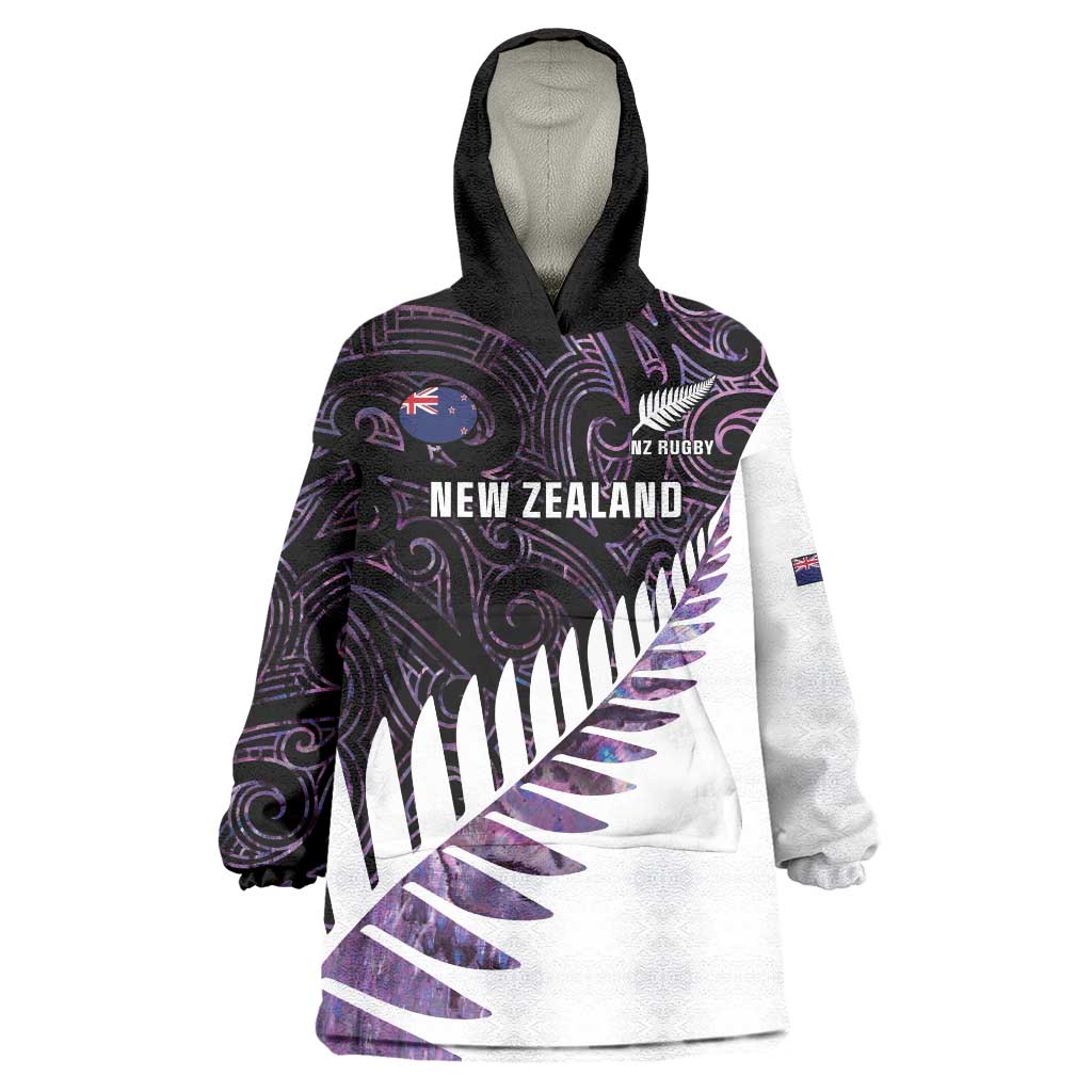 New Zealand Silver Fern Rugby Custom Wearable Blanket Hoodie Go All Black Purple Maori Paua Shell - Polynesian Pride