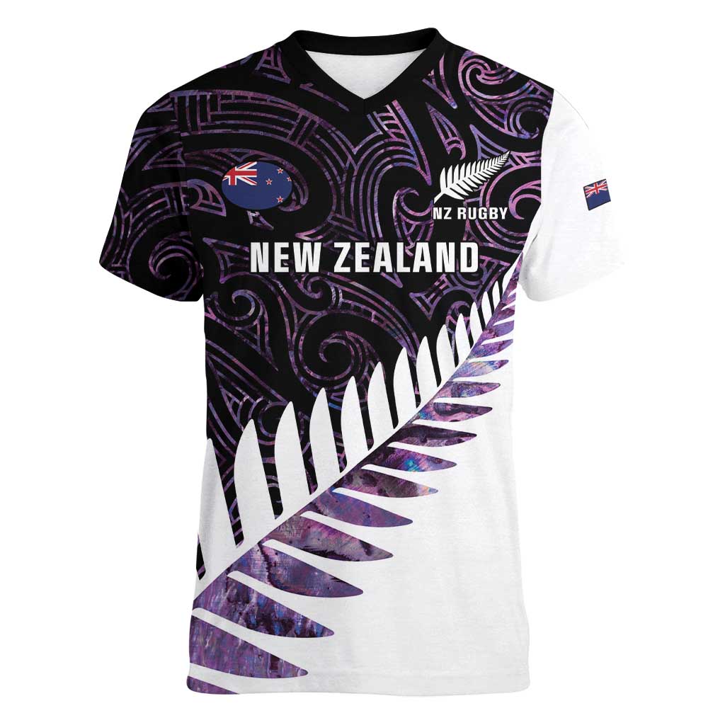 New Zealand Silver Fern Rugby Custom Women V-Neck T-Shirt Go All Black Purple Maori Paua Shell - Polynesian Pride