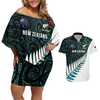 New Zealand Silver Fern Rugby Custom Couples Matching Off Shoulder Short Dress and Hawaiian Shirt Go All Black Turquoise Maori Paua Shell - Polynesian Pride