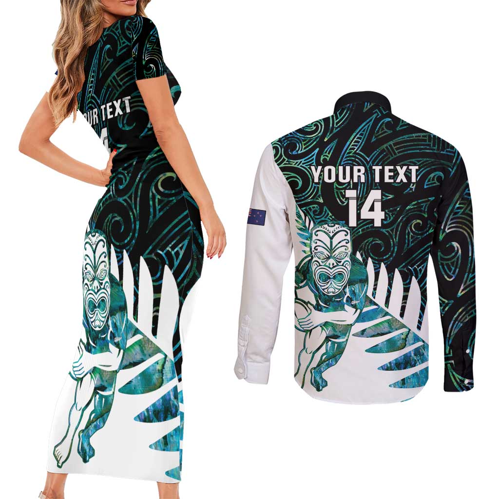 New Zealand Silver Fern Rugby Custom Couples Matching Short Sleeve Bodycon Dress and Long Sleeve Button Shirt Go All Black Turquoise Maori Paua Shell - Polynesian Pride