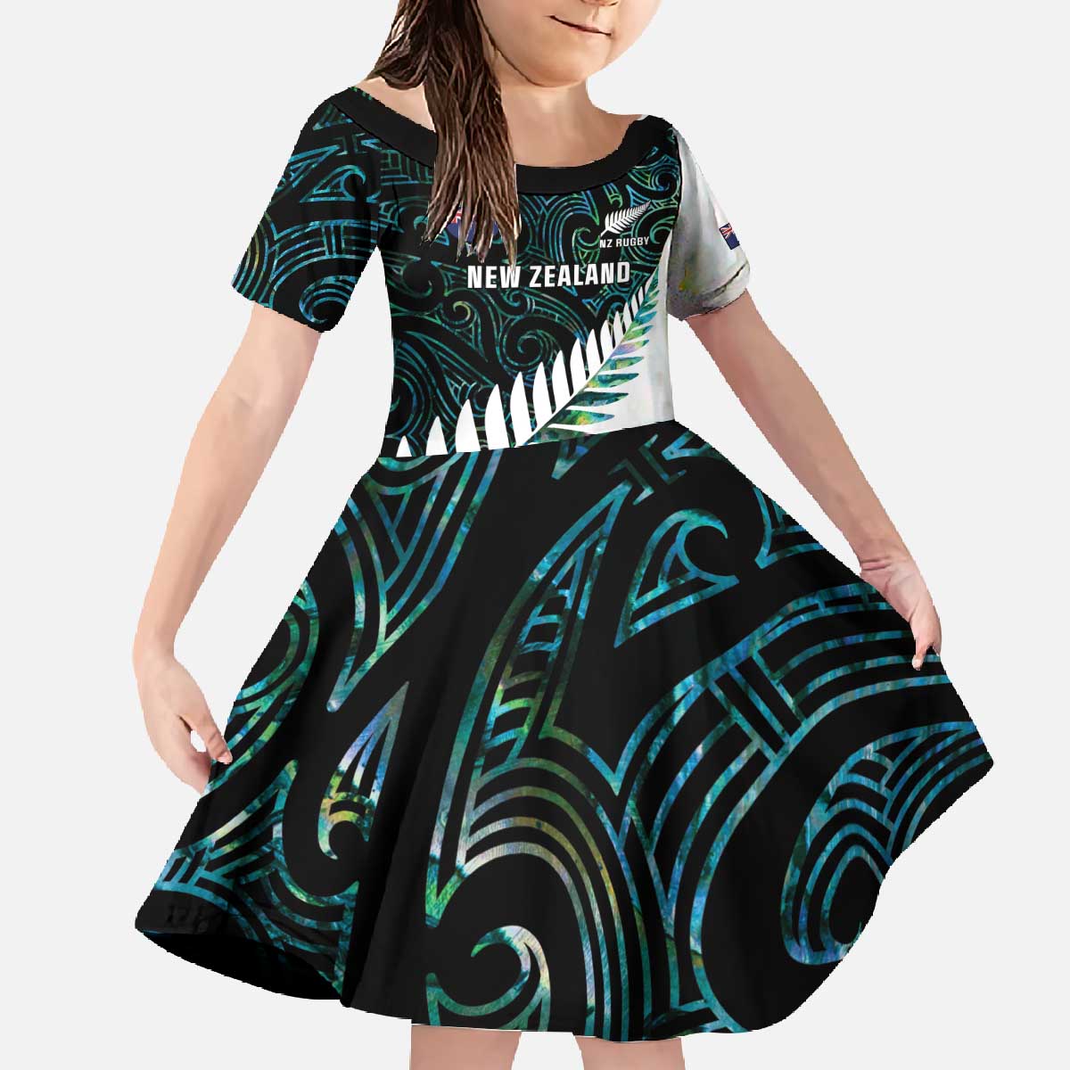 New Zealand Silver Fern Rugby Custom Family Matching Off The Shoulder Long Sleeve Dress and Hawaiian Shirt Go All Black Turquoise Maori Paua Shell - Polynesian Pride
