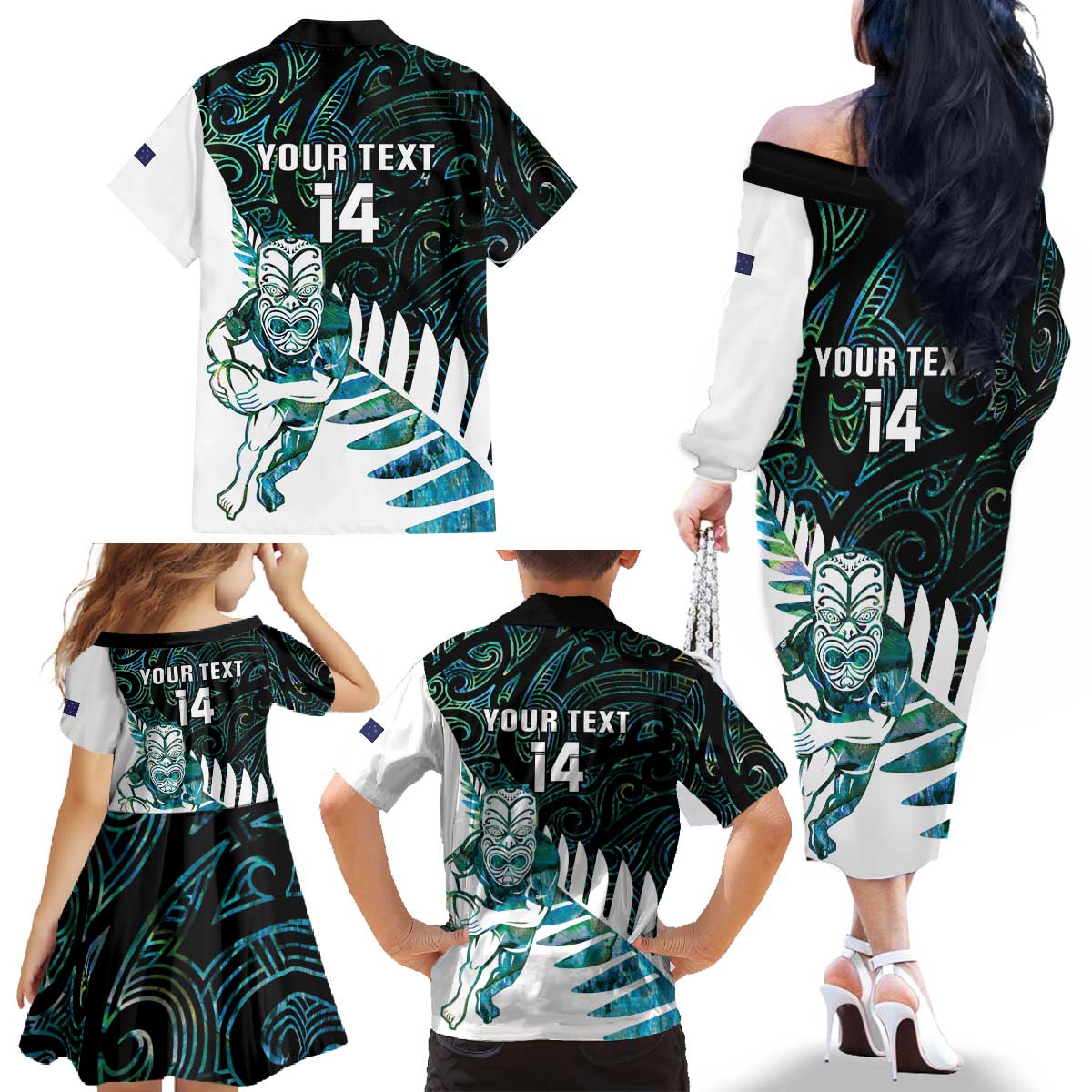 New Zealand Silver Fern Rugby Custom Family Matching Off The Shoulder Long Sleeve Dress and Hawaiian Shirt Go All Black Turquoise Maori Paua Shell - Polynesian Pride
