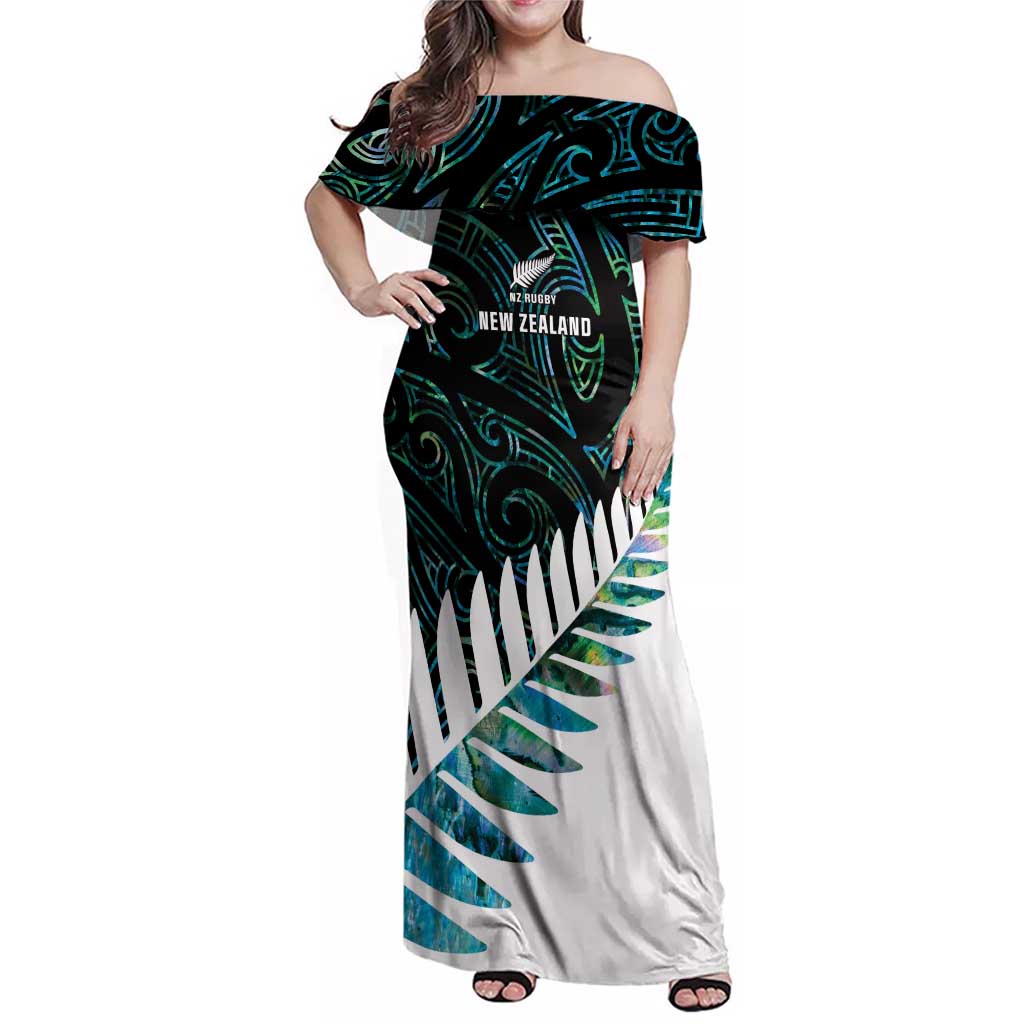 New Zealand Silver Fern Rugby Custom Family Matching Off Shoulder Maxi Dress and Hawaiian Shirt Go All Black Turquoise Maori Paua Shell - Polynesian Pride
