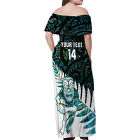 New Zealand Silver Fern Rugby Custom Family Matching Off Shoulder Maxi Dress and Hawaiian Shirt Go All Black Turquoise Maori Paua Shell - Polynesian Pride