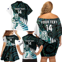 New Zealand Silver Fern Rugby Custom Family Matching Off Shoulder Short Dress and Hawaiian Shirt Go All Black Turquoise Maori Paua Shell - Polynesian Pride